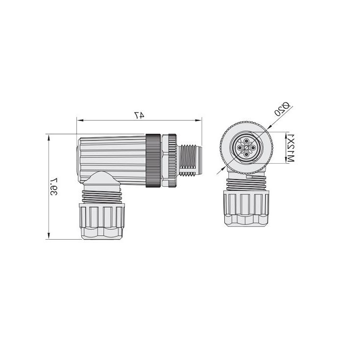 M12 5Pin, male 90°, food grade, screw connection, 64F349